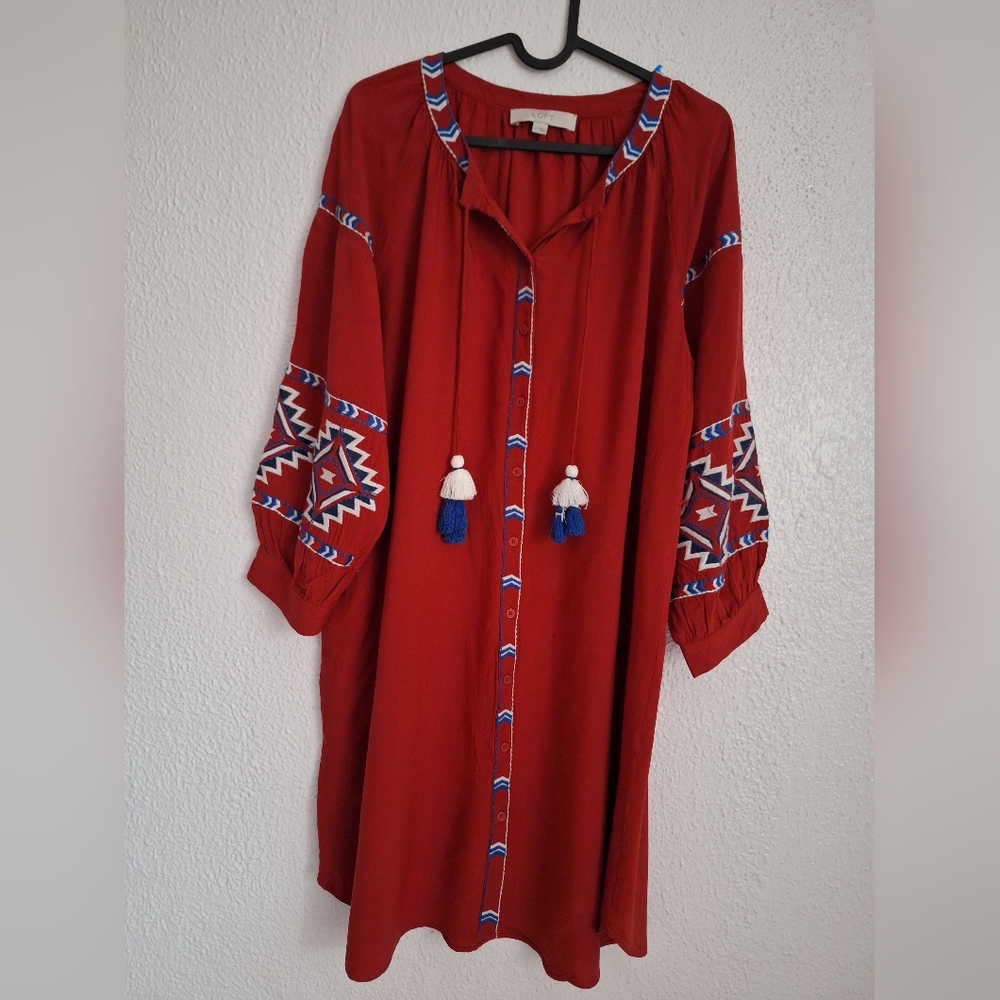 NWOT LOFT Red Long Sleeve Dress with Blue and White Accents
